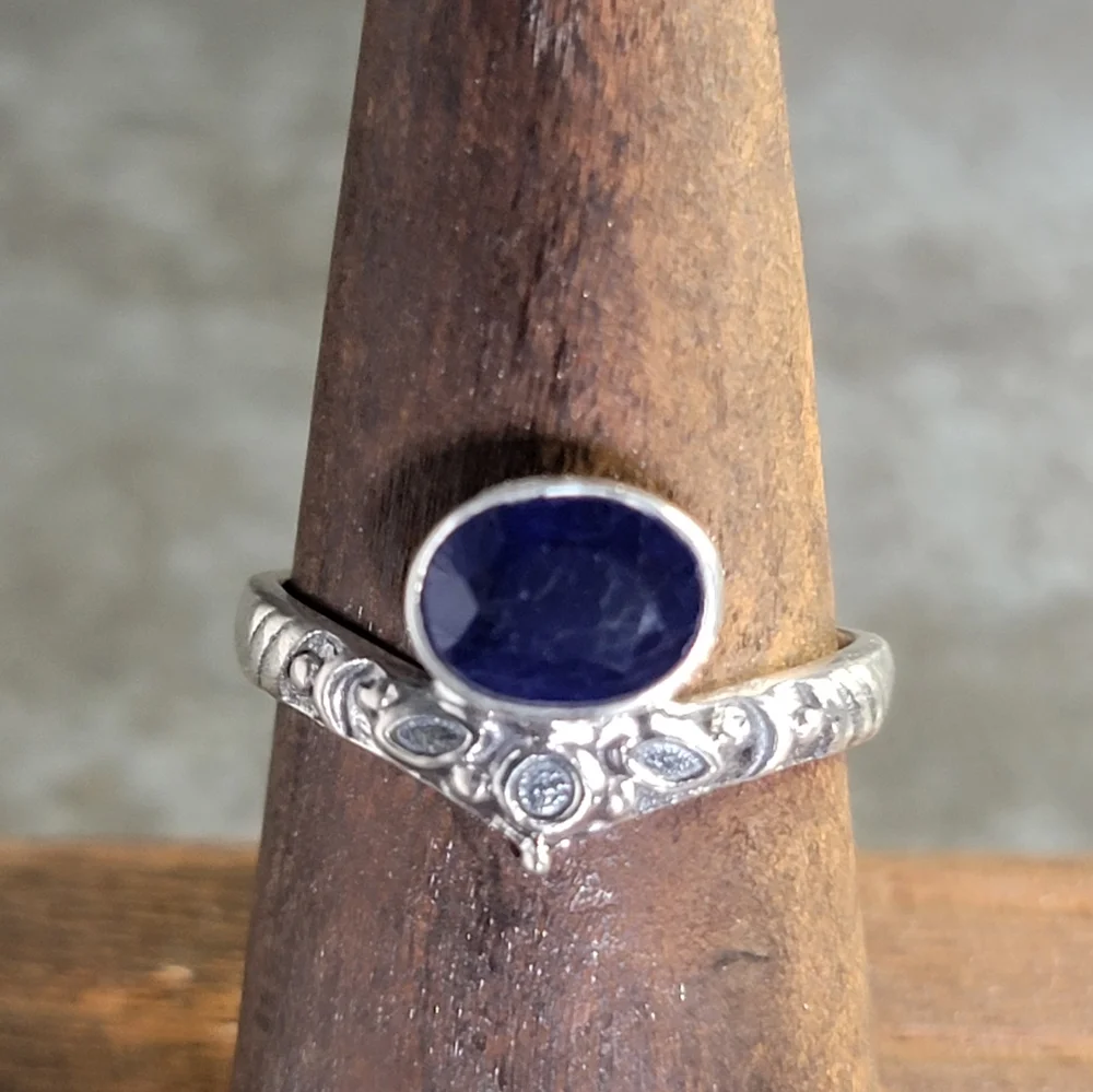 Native Blue Sapphire Stone Gemstone Ring Size 7.5 Sterling Silver Women Bohemian - Picture 4 of 4